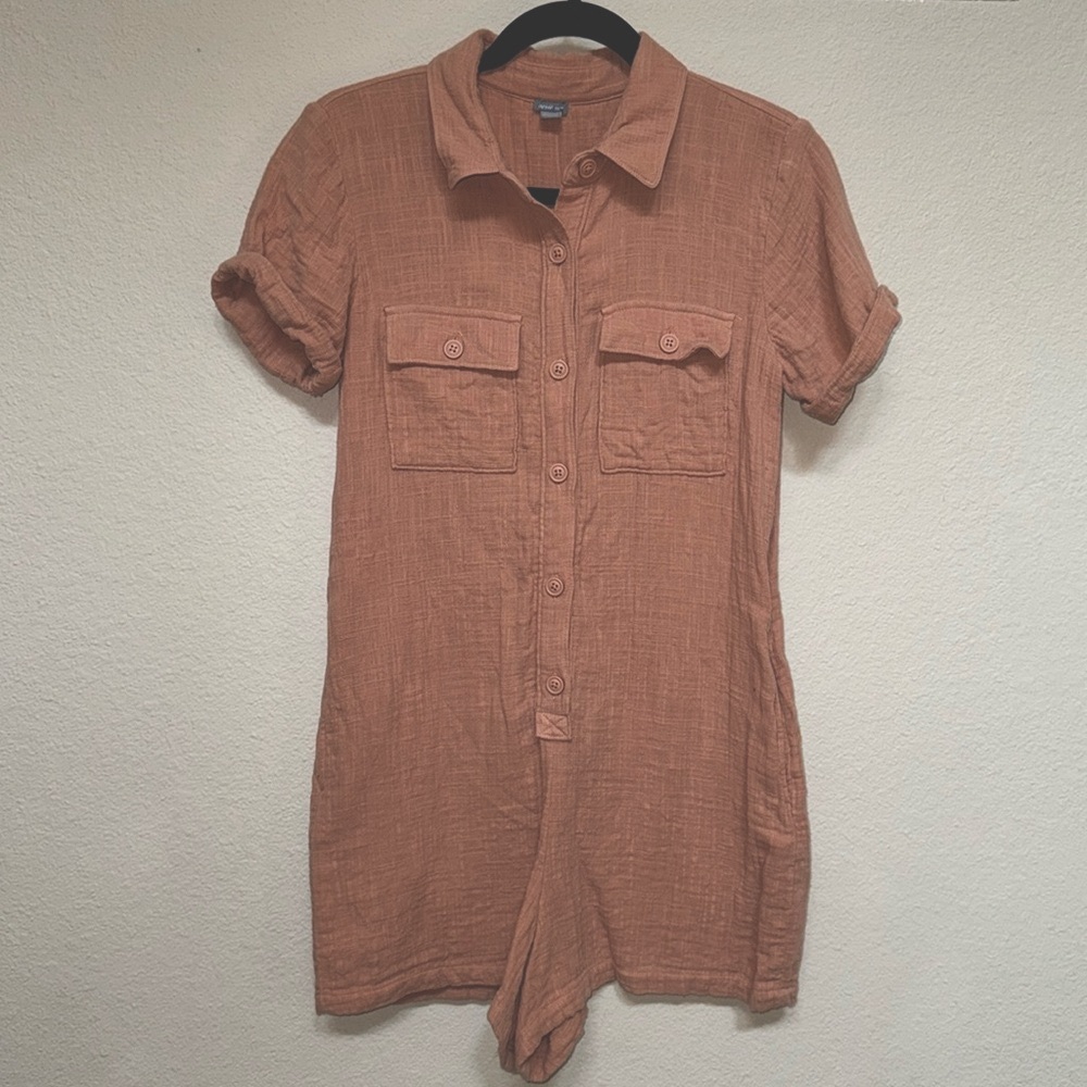 aerie Rust Orange Short Sleeve Button Romper